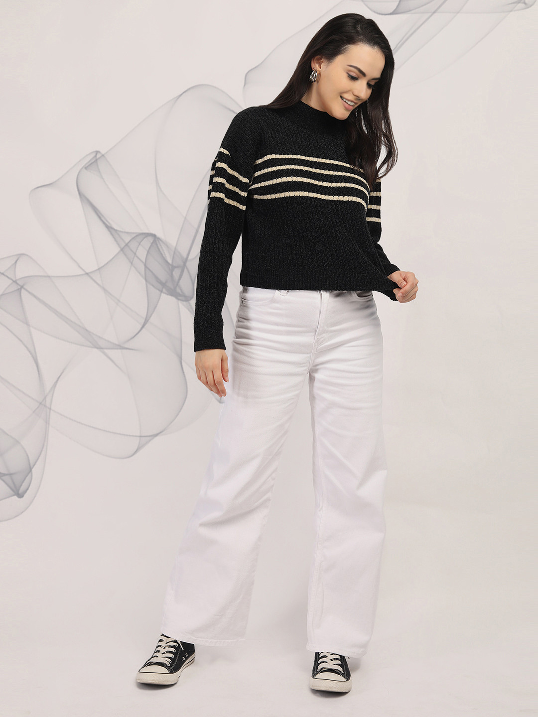 

The Roadster Lifestyle Co Women Striped Pullover Sweater, Charcoal