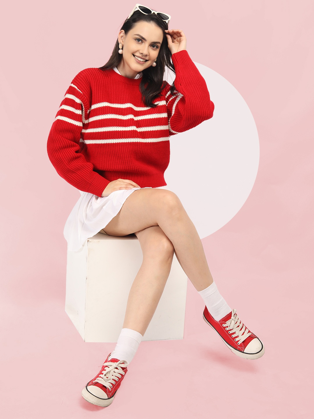 

The Roadster Lifestyle Co Women Striped Woollen Pullover Sweater, Red