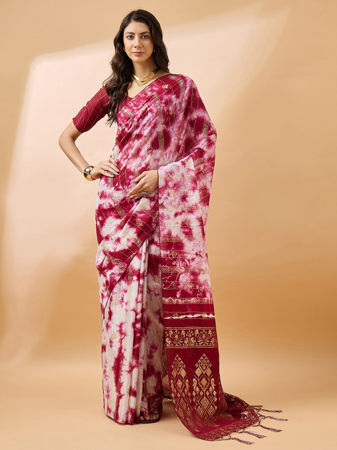 

DIVASTRI Tie and Dye Woven Design Zari Designer Kanjeevaram Saree, Red