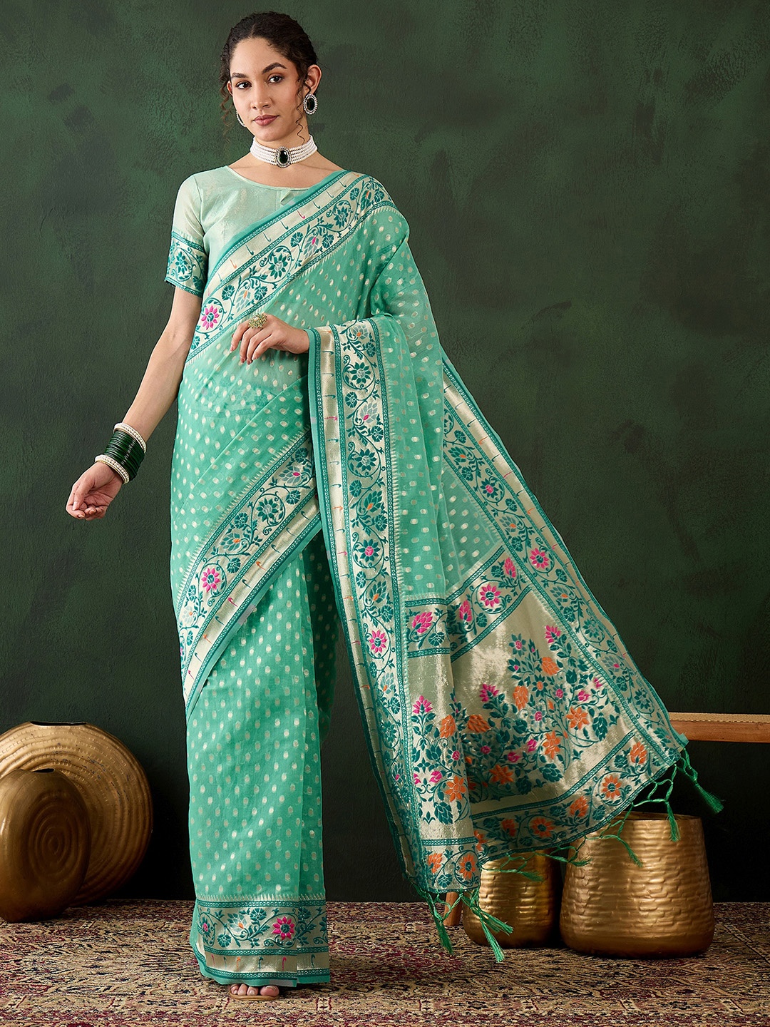 

DIVASTRI Woven Design Zari Designer Kanjeevaram Saree, Sea green