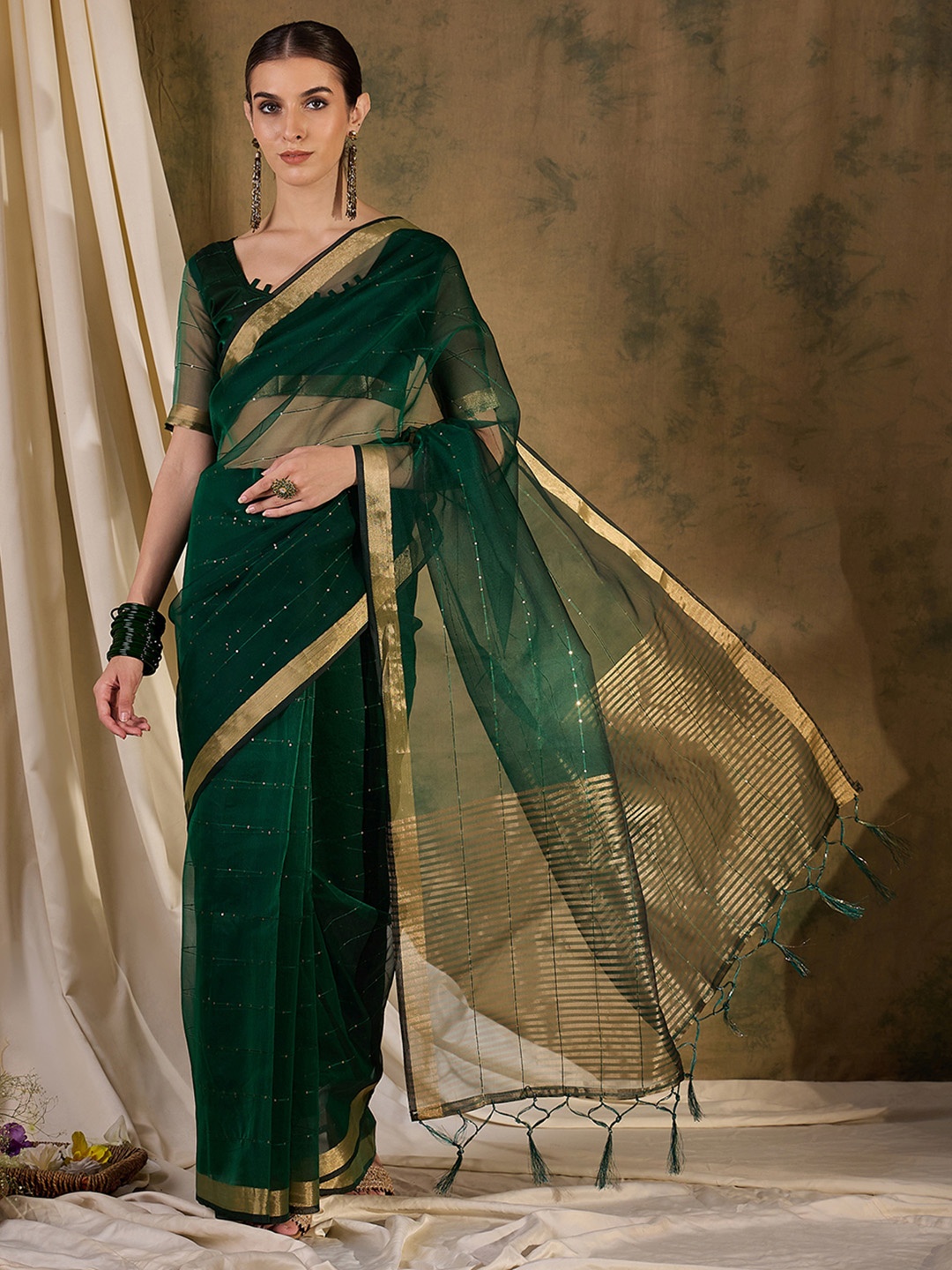 

DIVASTRI Woven Design Zari Organza Designer Kanjeevaram Saree, Green