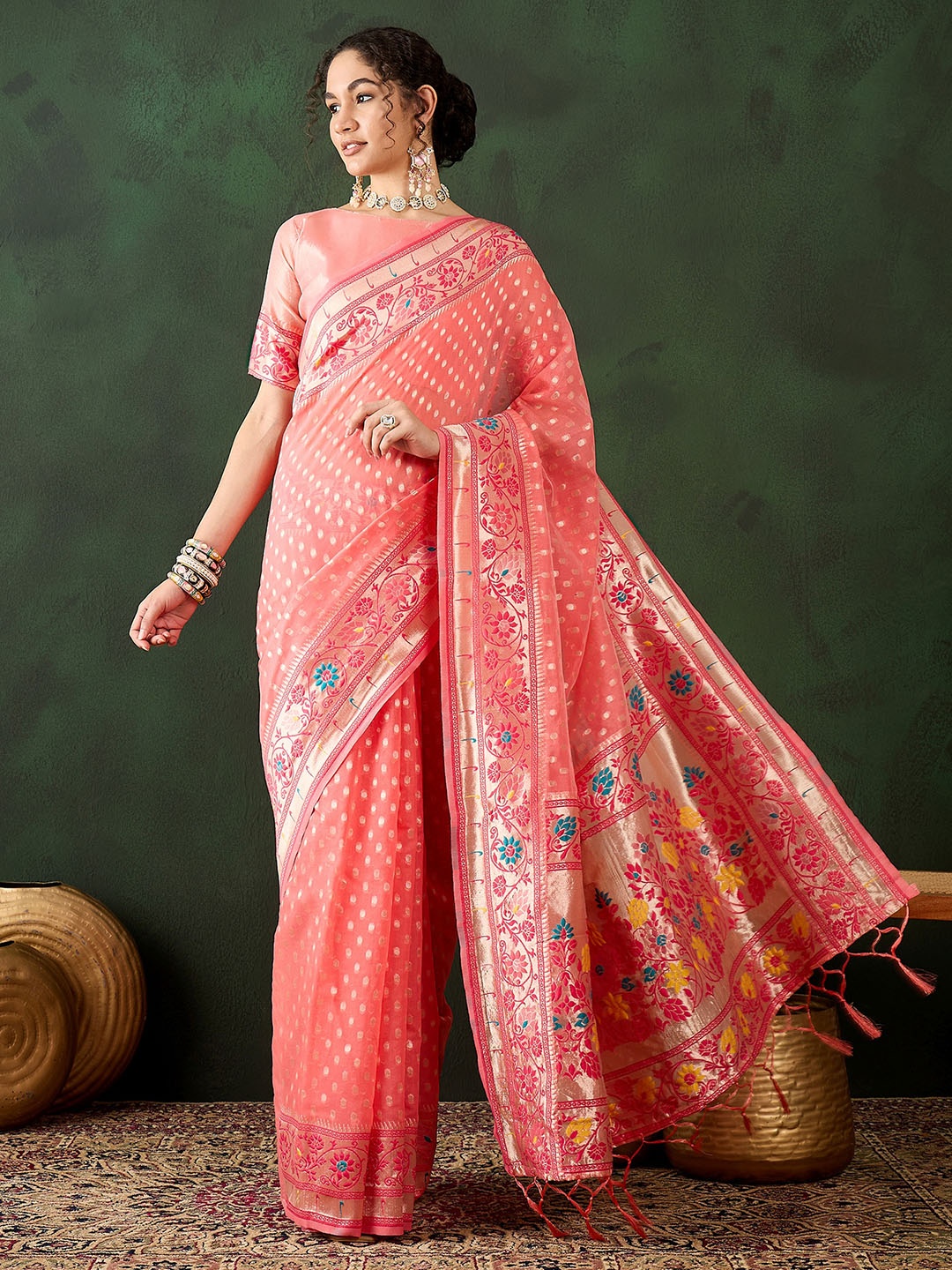 

DIVASTRI Woven Design Zari Designer Kanjeevaram Saree, Peach