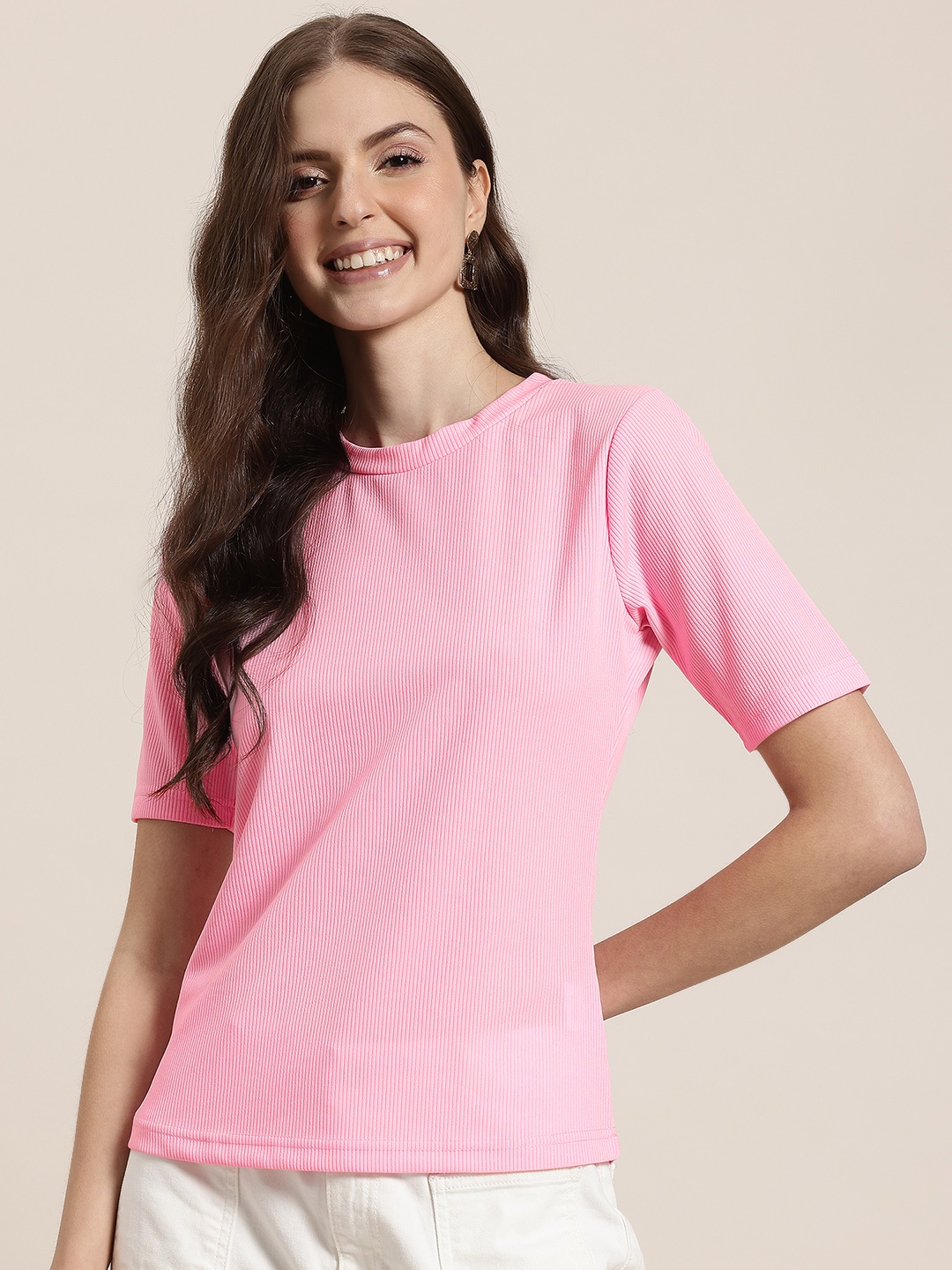 

HERE&NOW Round Neck Ribbed T-shirt, Pink