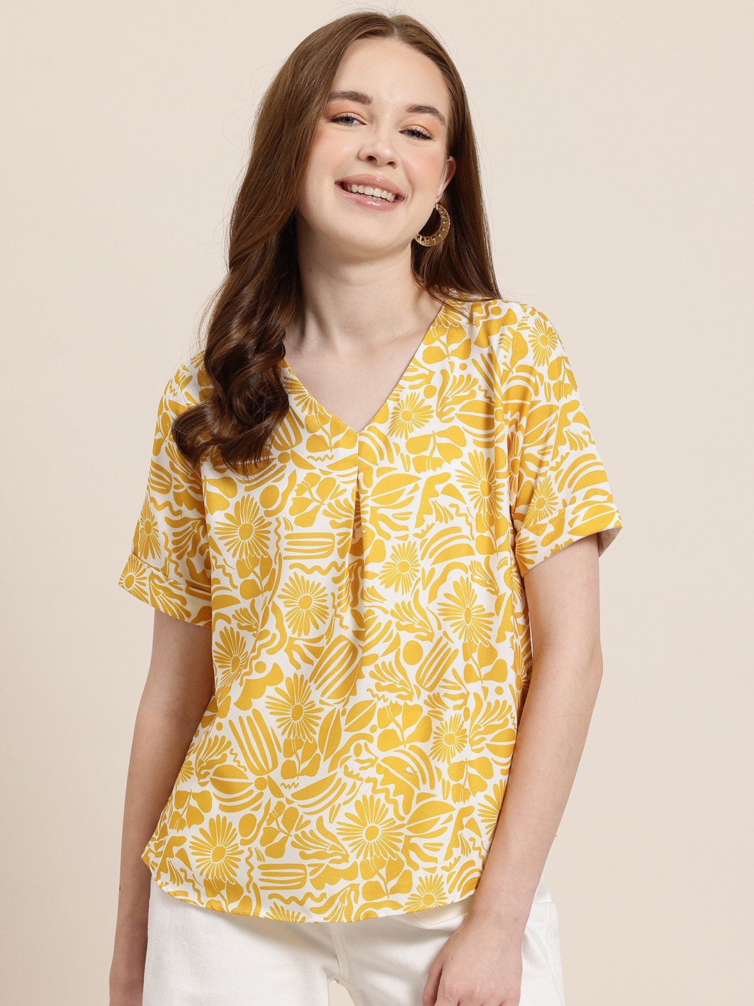 

HERE&NOW Floral Print V-Neck Top, Yellow