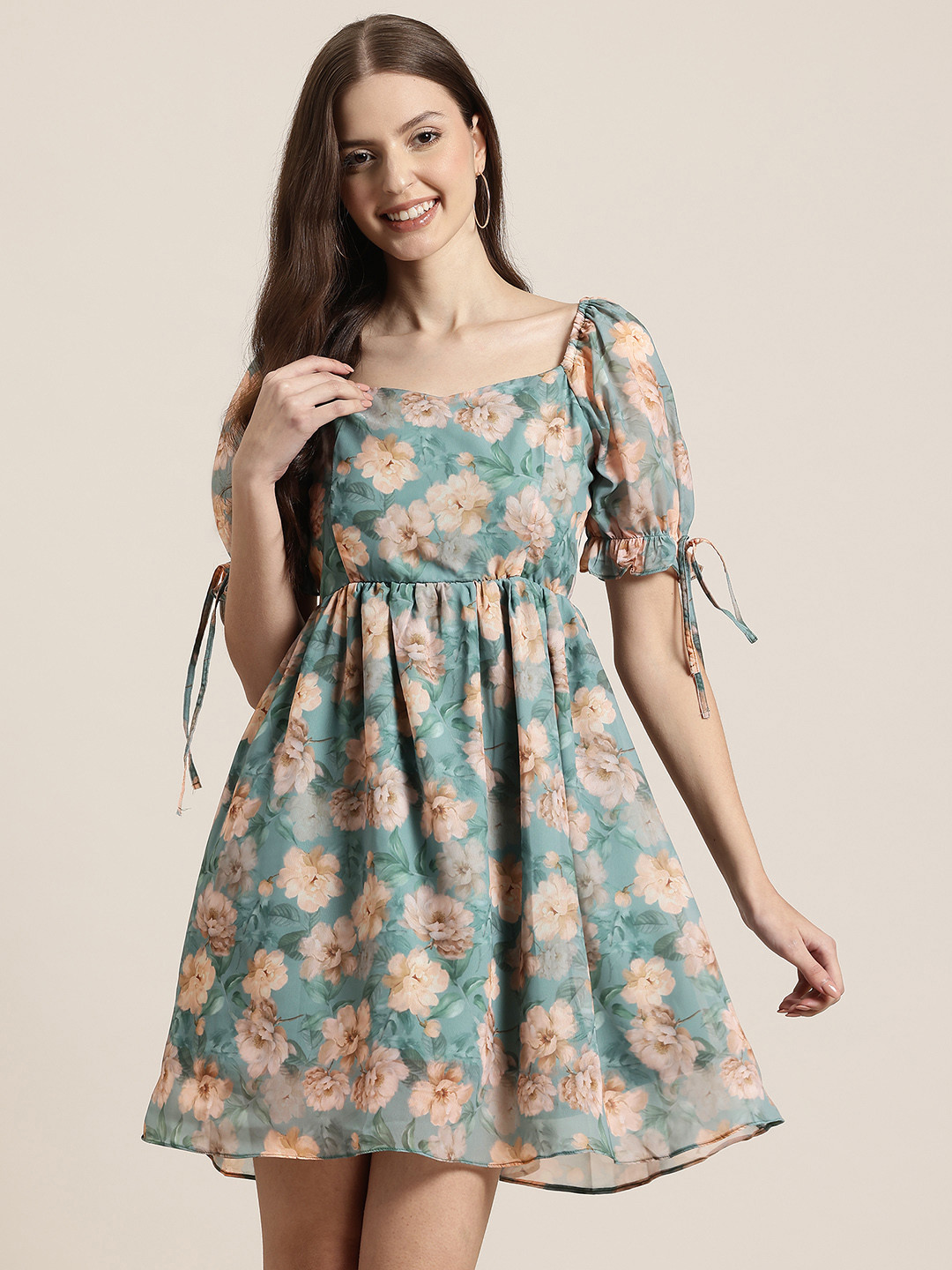 

HERE&NOW Floral Printed Puff Sleeve A-Line Mini Dress, Green