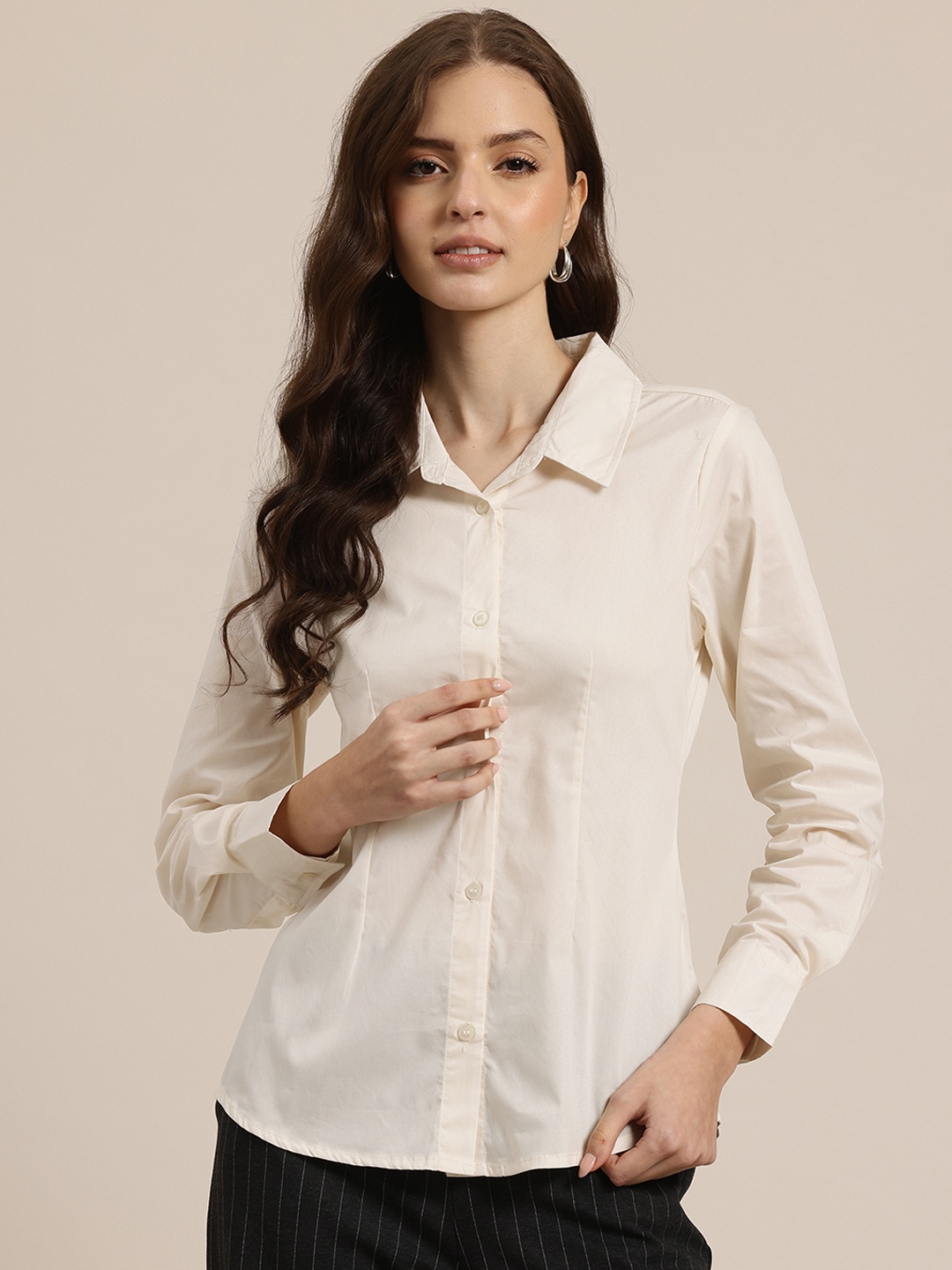 

HERE&NOW Women Pure Cotton Semiformal Shirt, Cream