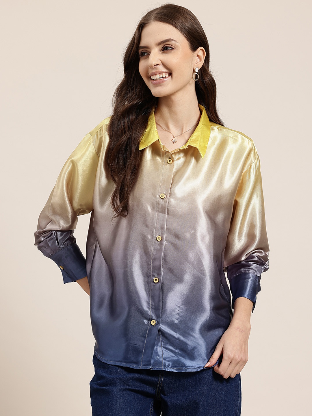 

HERE&NOW Ombre Dyed Drop-Shoulder Sleeves Satin Shirt, Gold