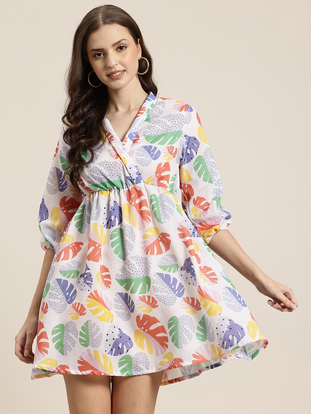 

HERE&NOW Floral Print Puff Sleeve Empire Mini Dress, White