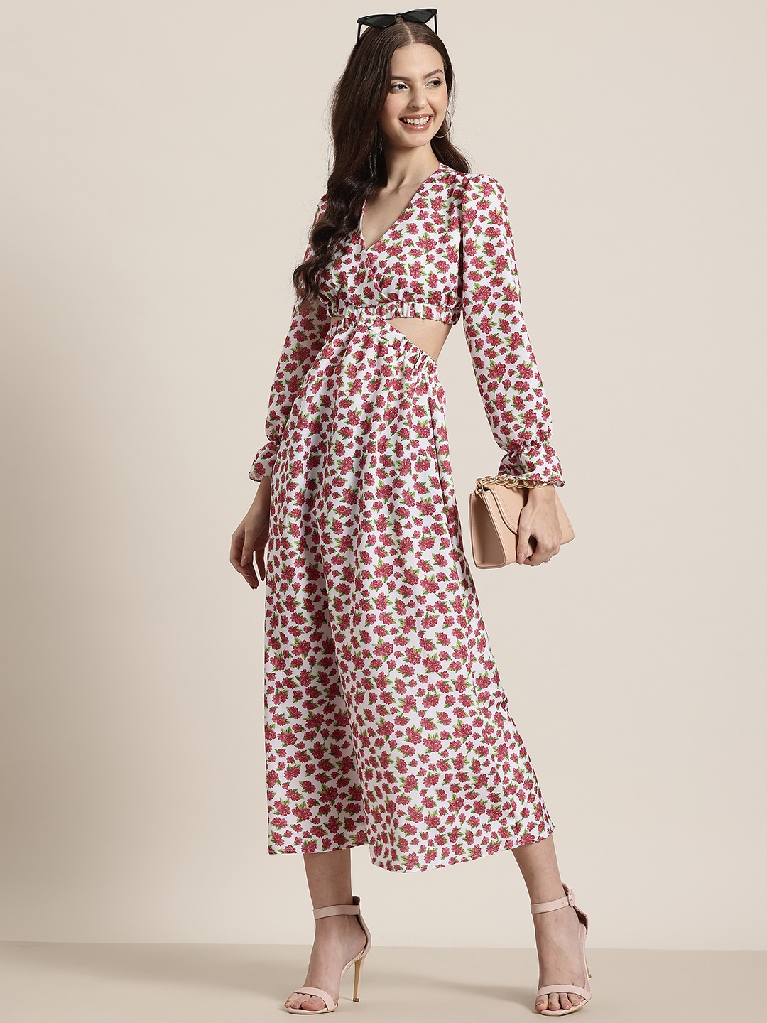 

HERE&NOW Floral Print Puff Sleeve Maxi Midi Dress, White