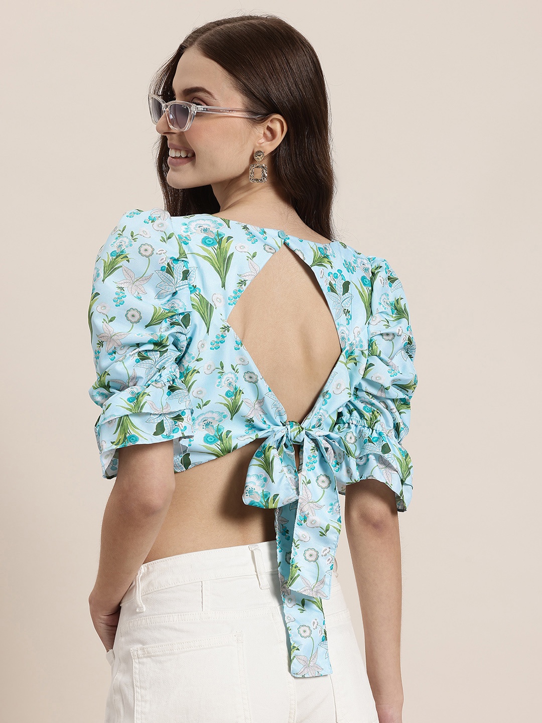 

HERE&NOW Floral Printed Tie-Up Styled Back Crop Top, Blue