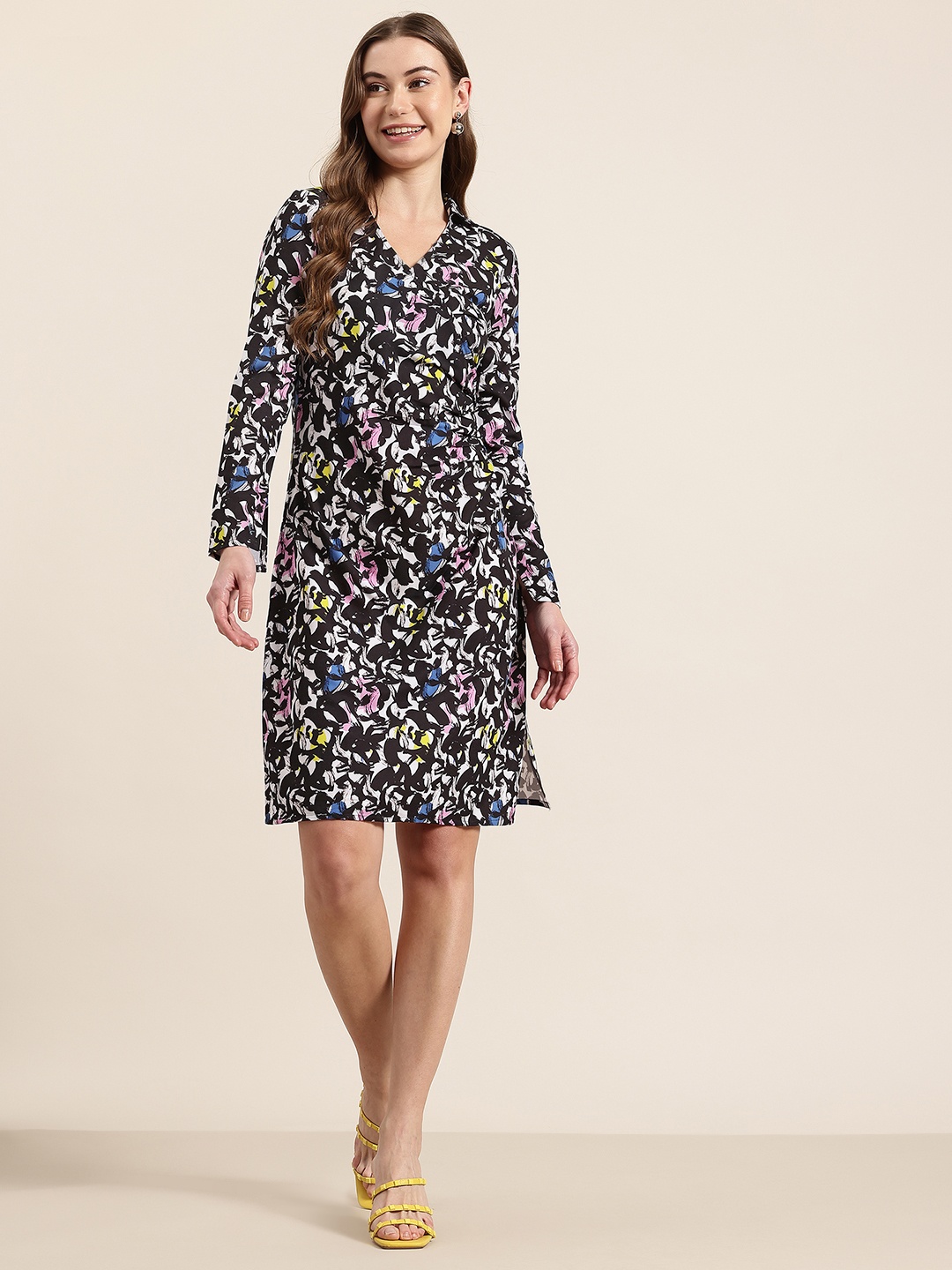 

HERE&NOW Pleated Design Side Slit A-Line Dress, Black