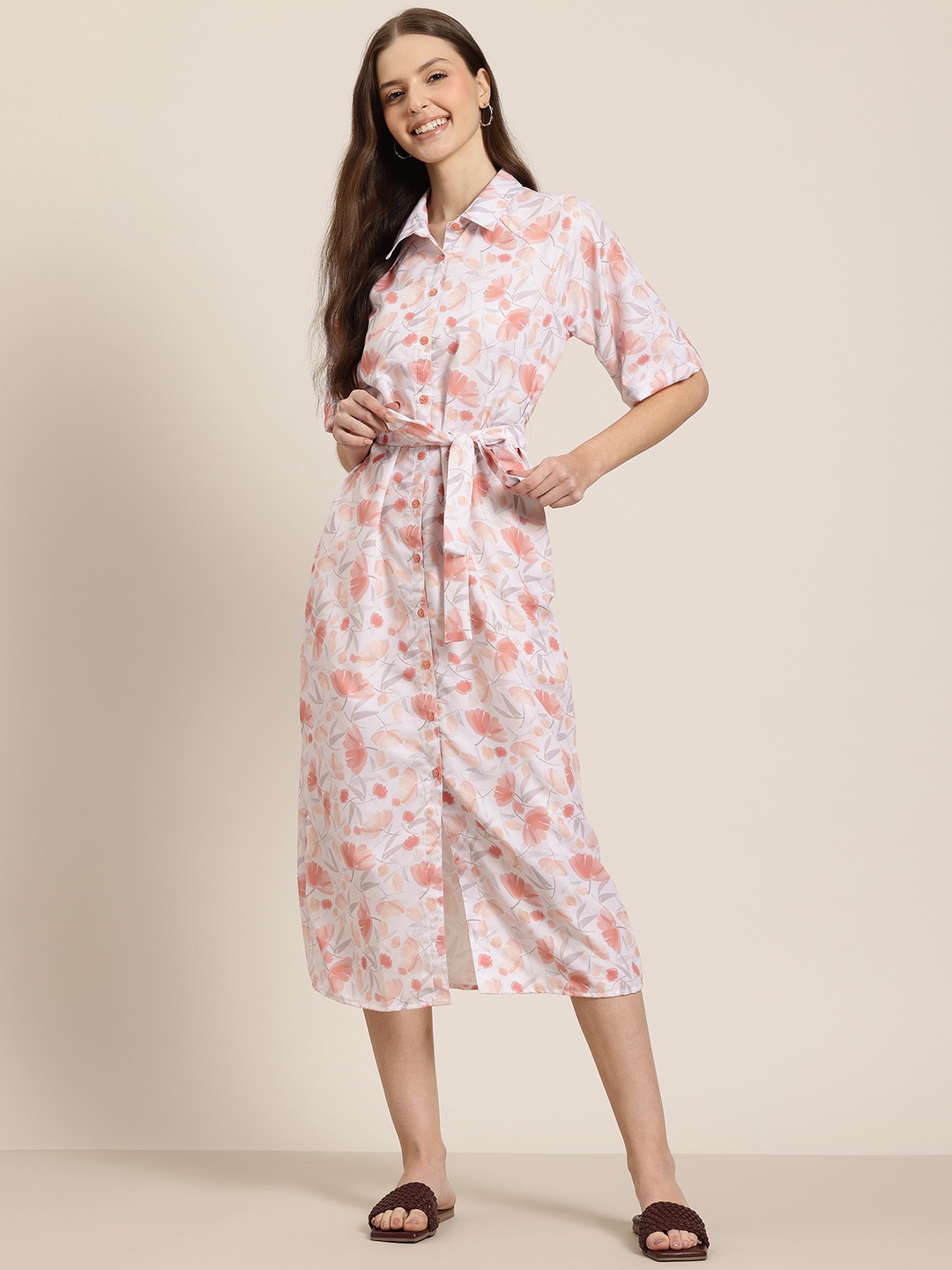 

HERE&NOW Floral Print Shirt Midi Dress with Belt, White