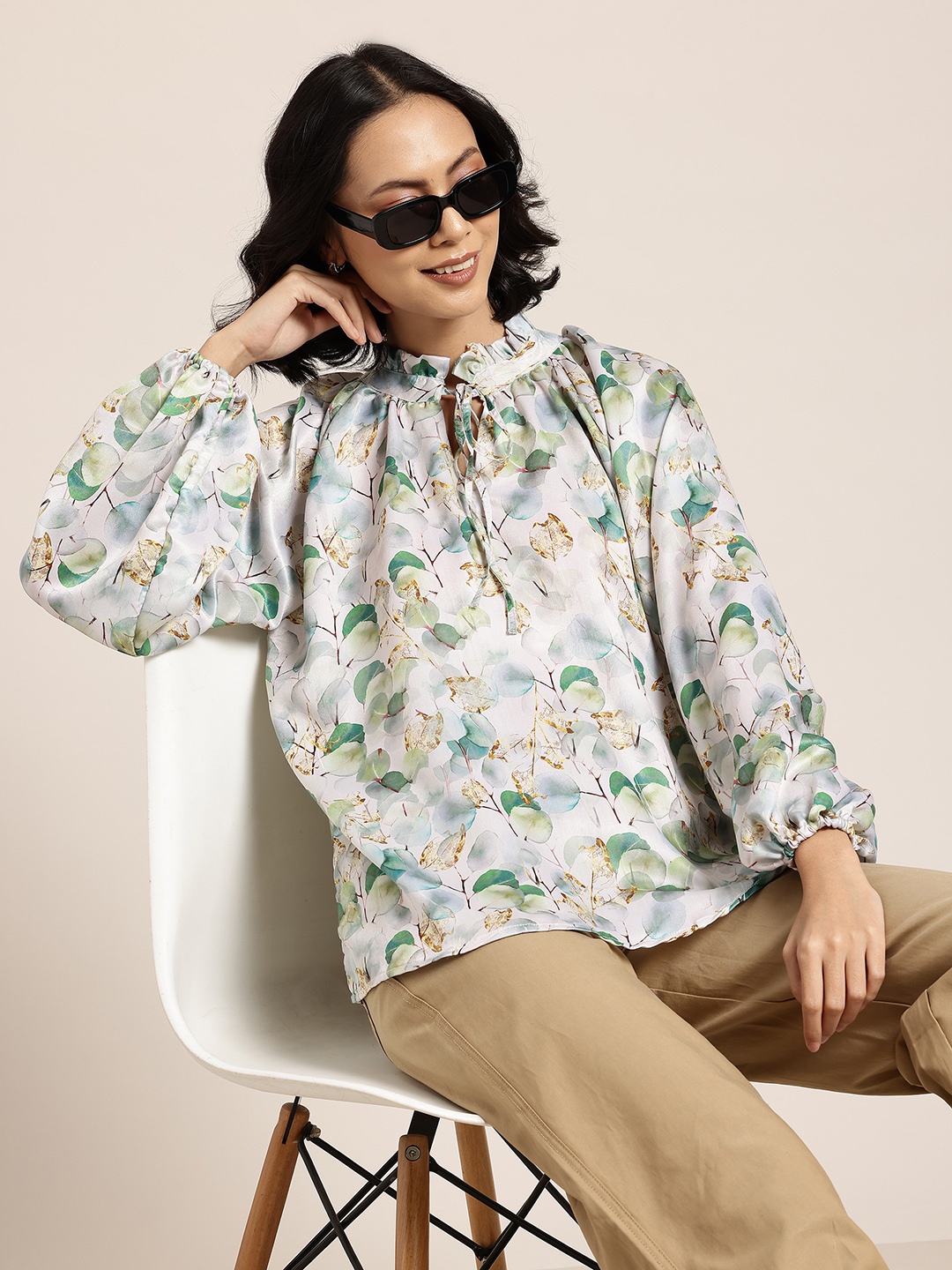 

HERE&NOW Floral Print Satin Finish Top, Cream