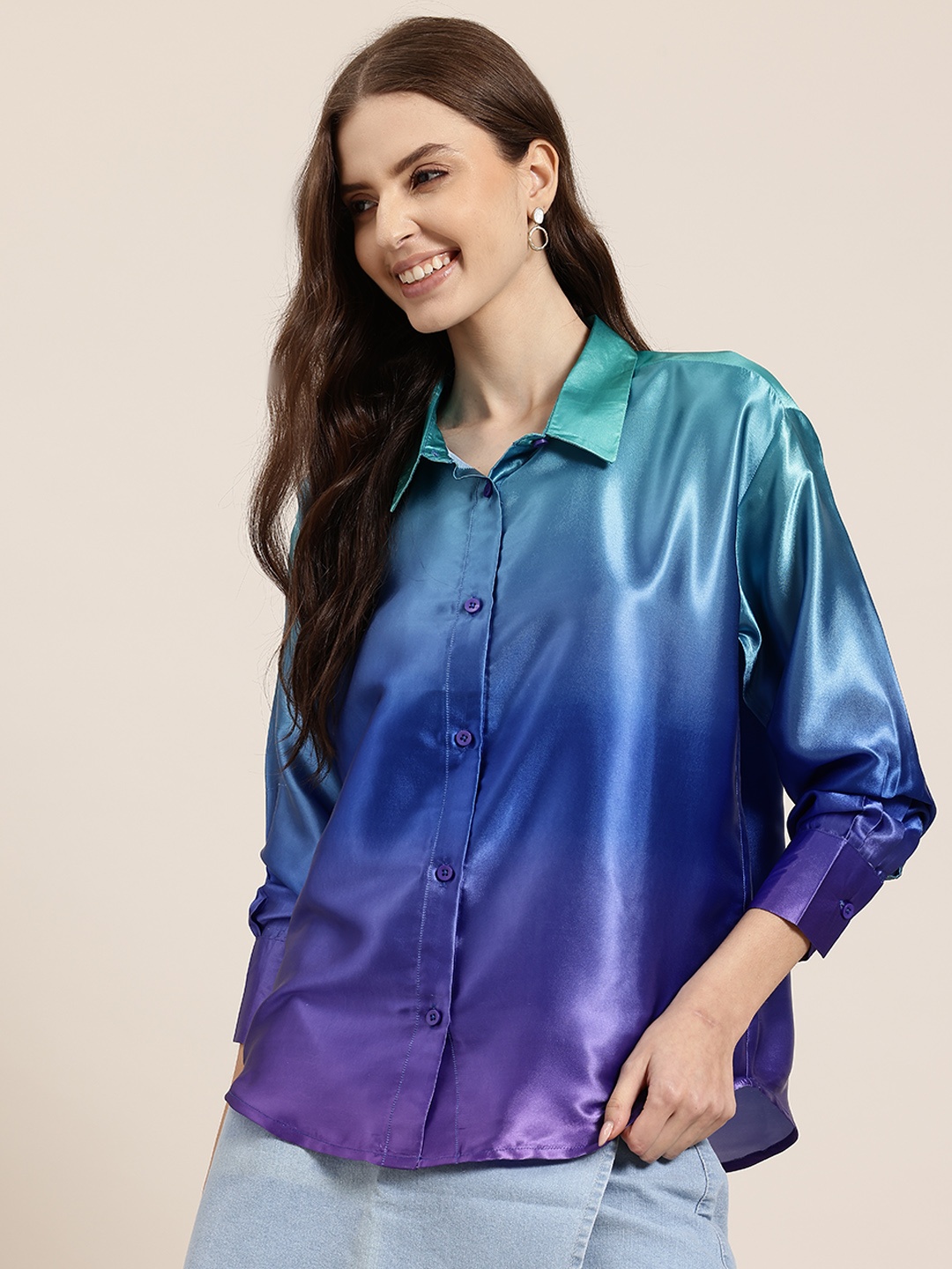 

HERE&NOW Ombre Dyed Satin Opaque Casual Shirt, Blue