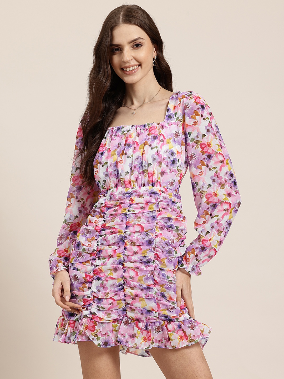 

HERE&NOW Floral Print Puff Sleeve Ruched Mini Dress, Multi