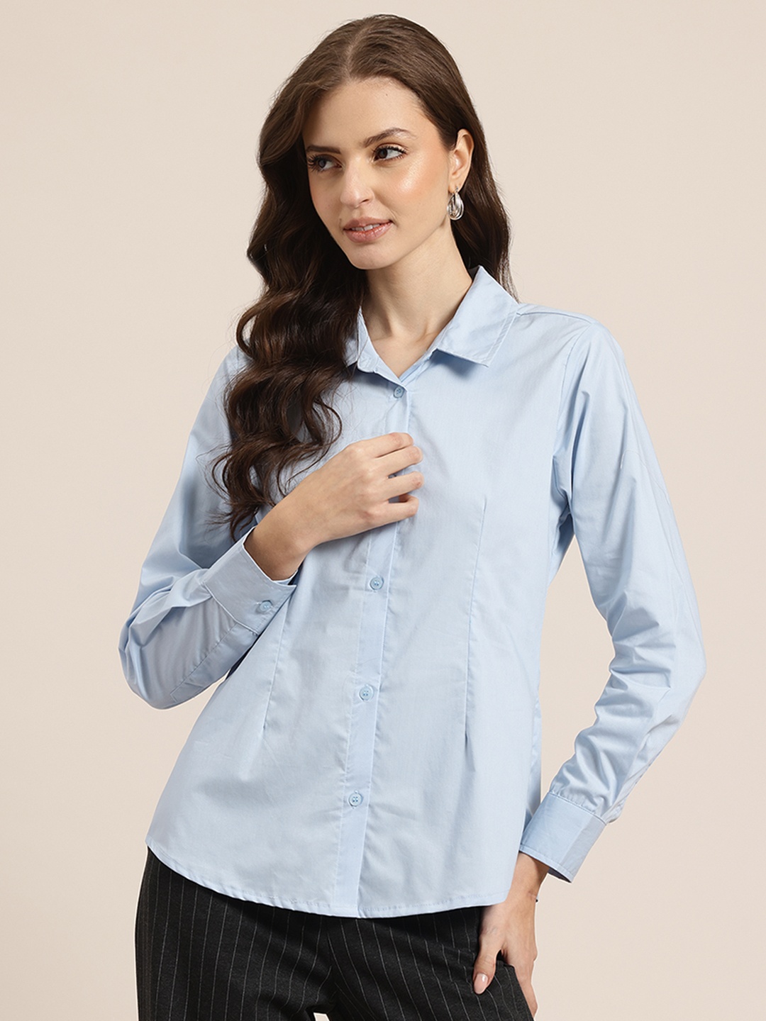 

HERE&NOW Women Pure Cotton Semiformal Shirt, Blue