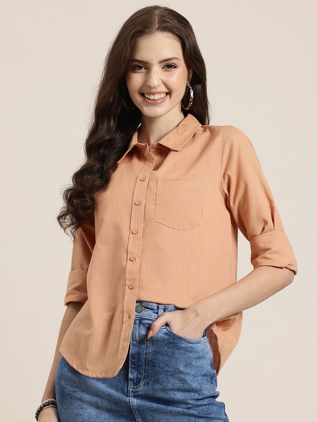 

HERE&NOW 'Always A Go-To' Cotton-Linen Regular Fit Shirt, Brown