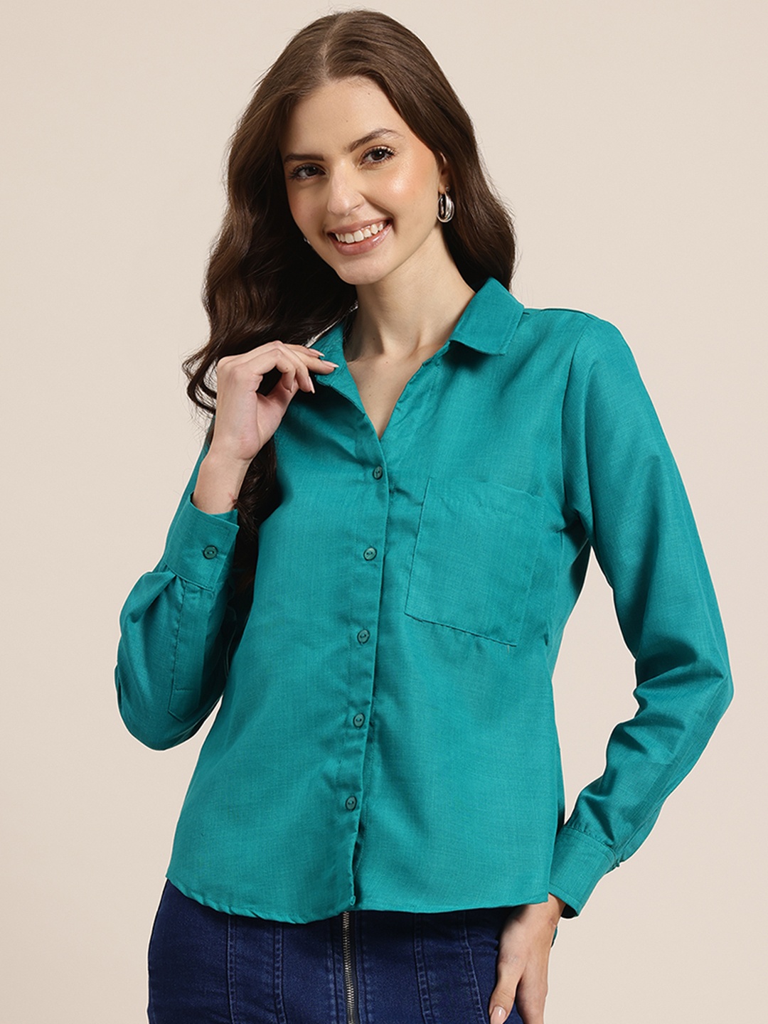 

HERE&NOW Women Pure Cotton Casual Shirt, Teal