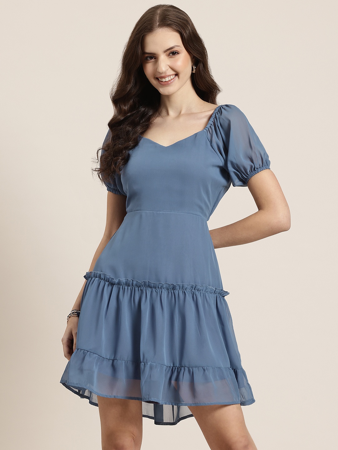 

HERE&NOW Puff Sleeve Fit & Flare Mini Dress, Blue