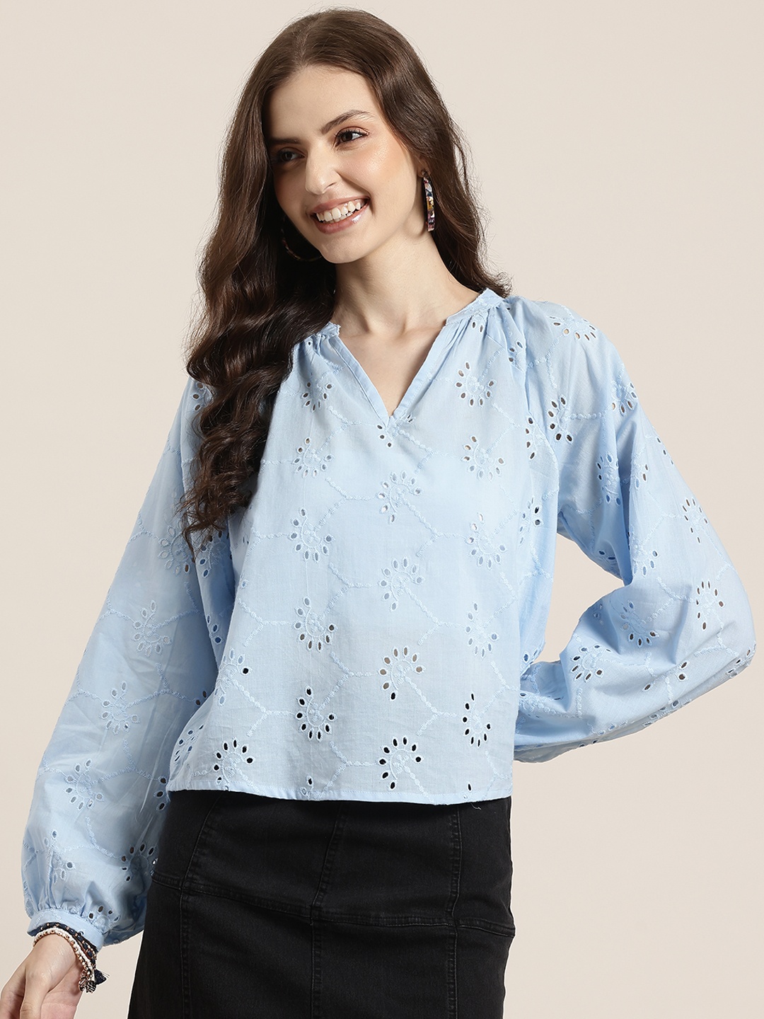 

HERE&NOW Puff Sleeve Pure Cotton Schiffli Top, Blue