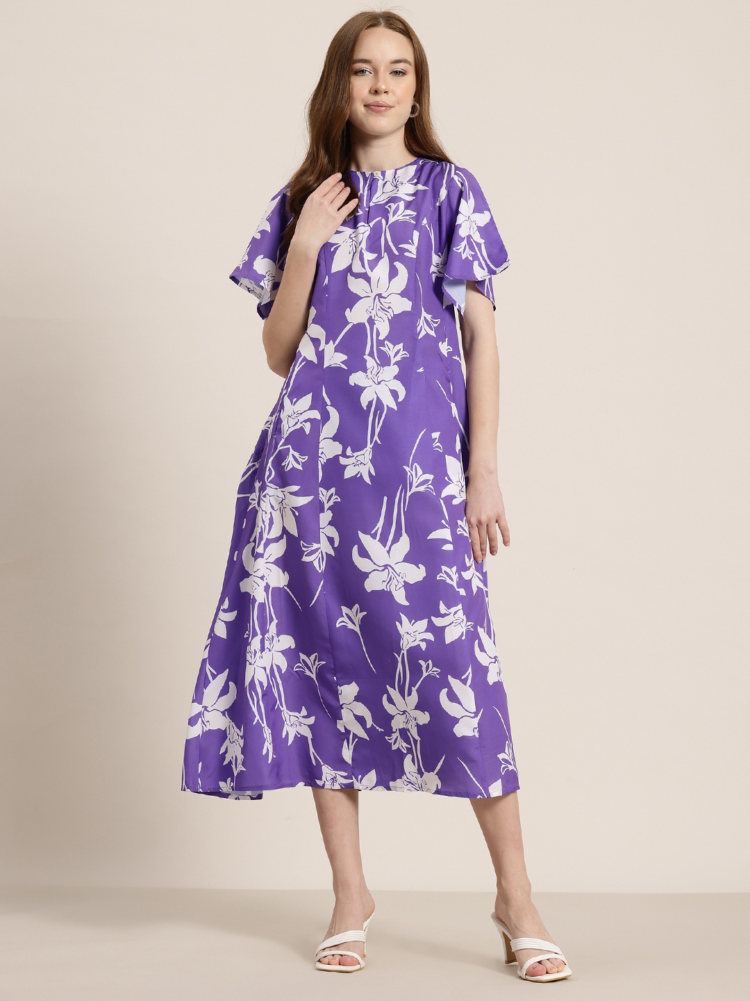 

HERE&NOW Floral Print Keyhole Neck A-Line Midi Dress, Purple