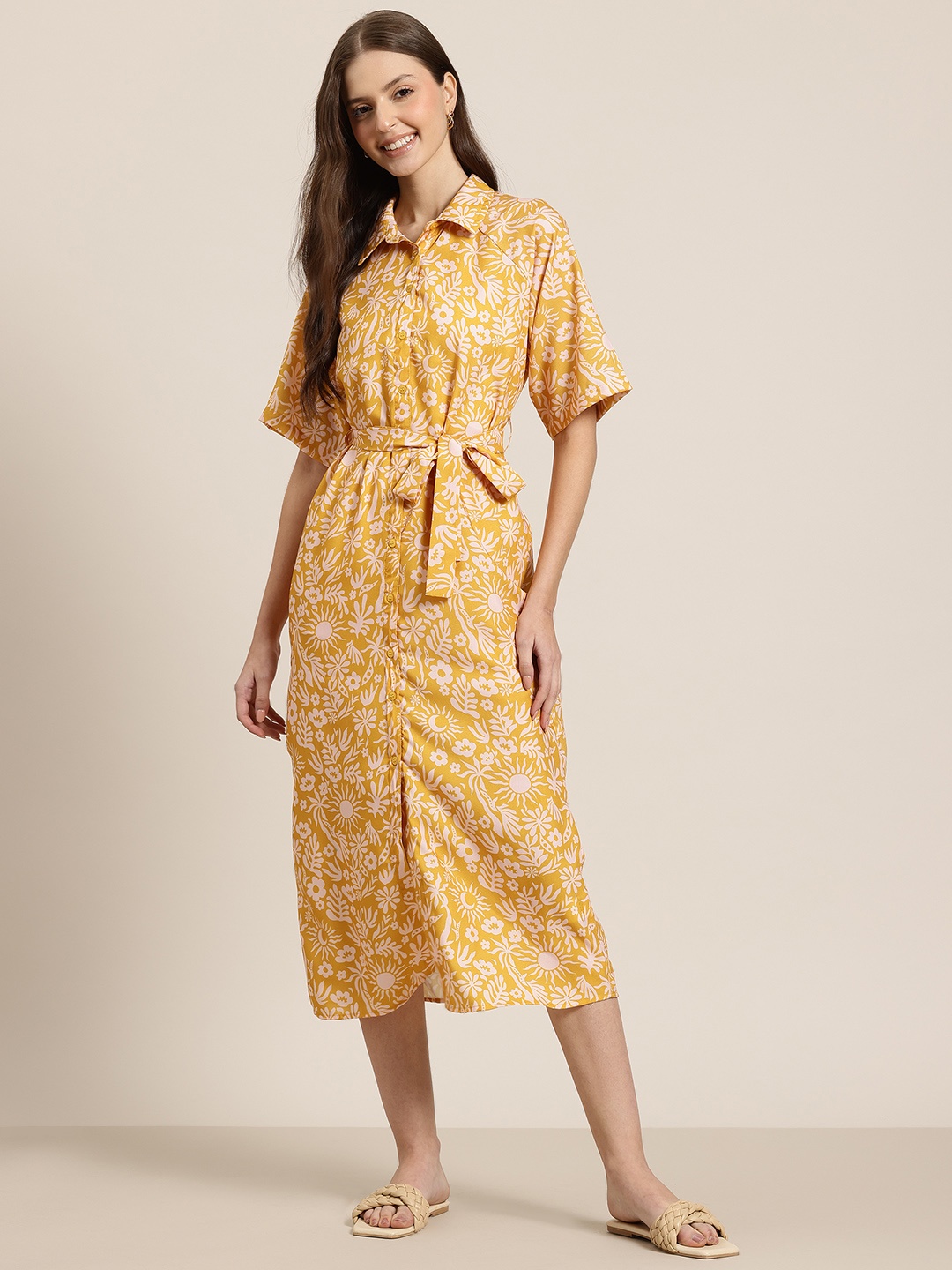 

HERE&NOW Floral Print Shirt Midi Dress with Belt, Mustard