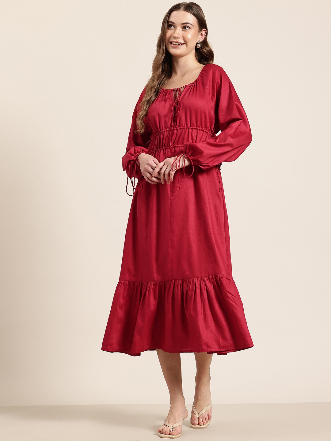 

HERE&NOW Tie-Up Neck Raglan Puffed Sleeve A-Line Midi Dress, Maroon