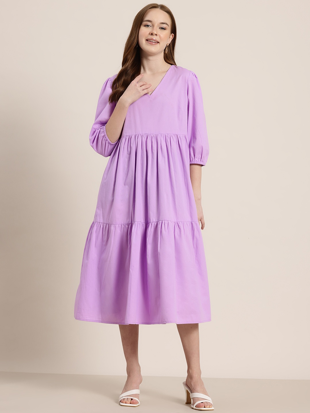 

HERE&NOW Cotton Tiered A-Line Midi Dress, Lavender