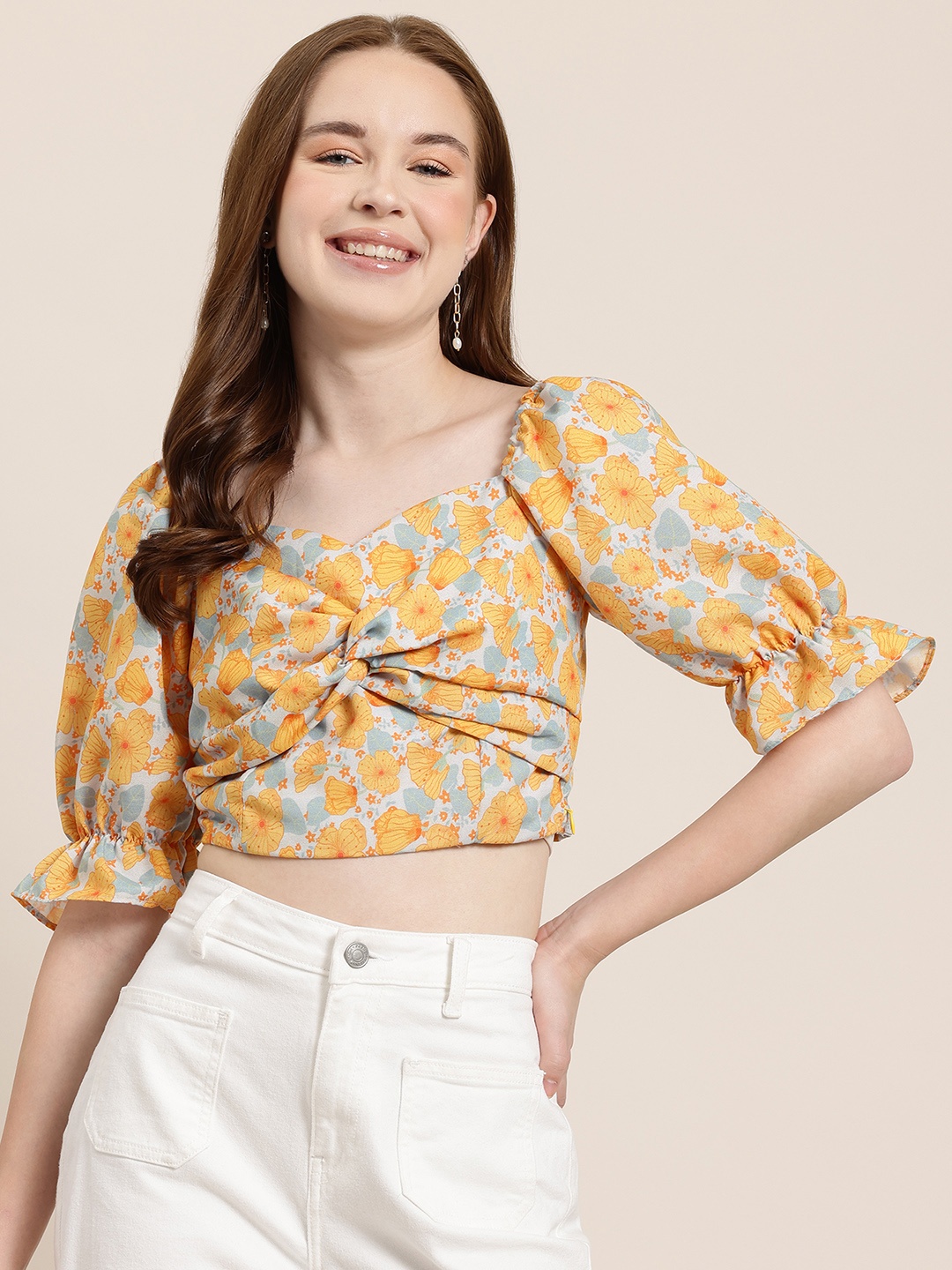 

HERE&NOW Floral Print Sweetheart Neck Crop Top, Yellow