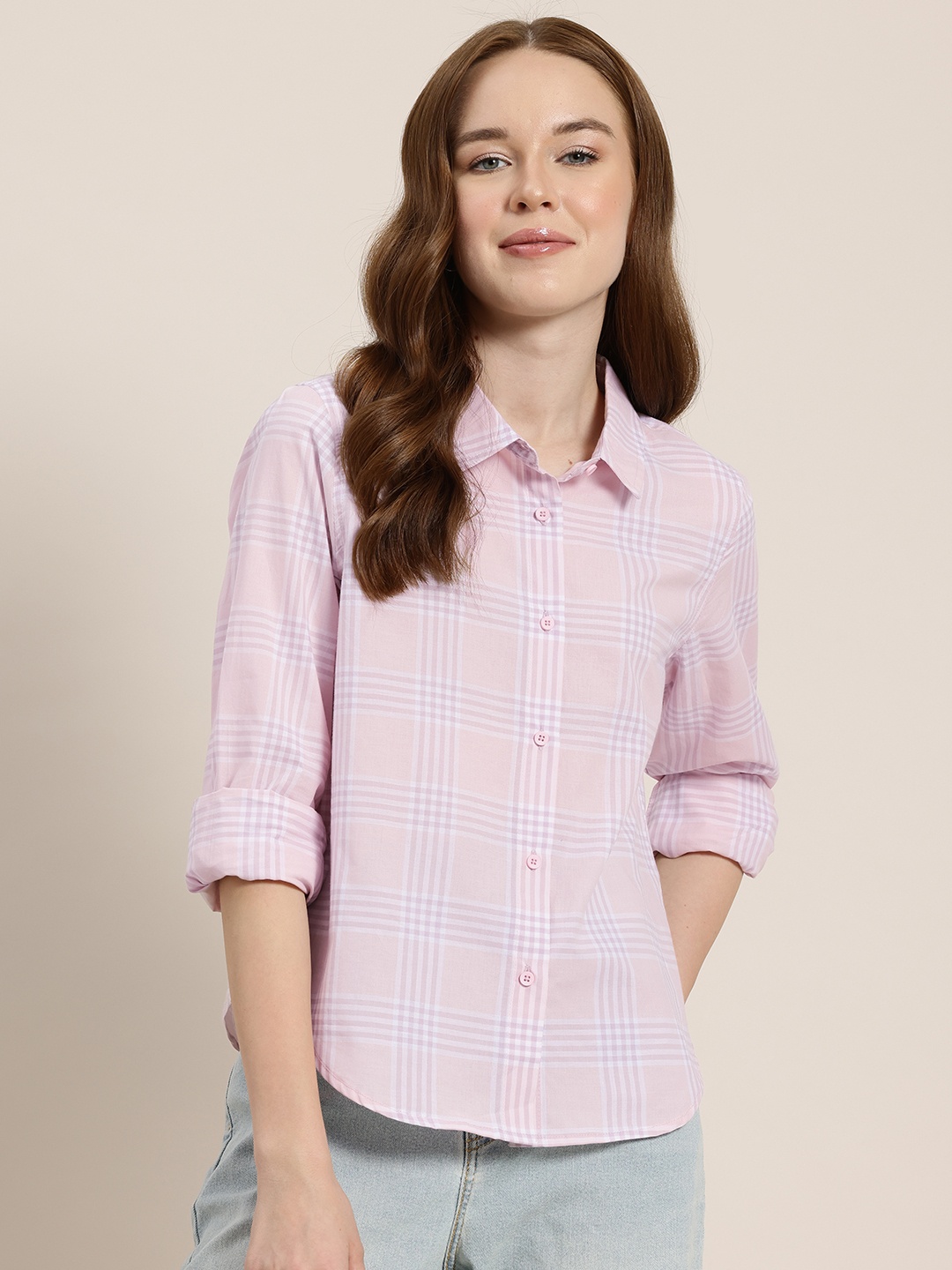 

HERE&NOW Grid Tattersall Checks Checked Casual Shirt, Pink