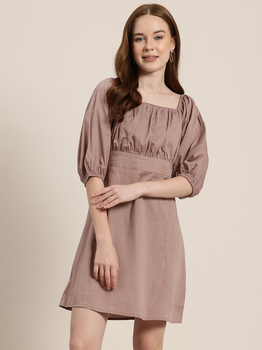 

HERE&NOW Smocked Back & Ruched A-Line Mini Dress, Taupe