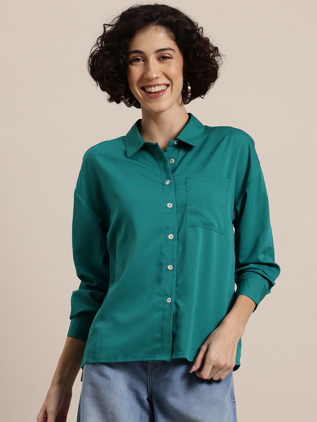HERE&NOW Drop-Shoulder Sleeves Casual Shirt, Teal