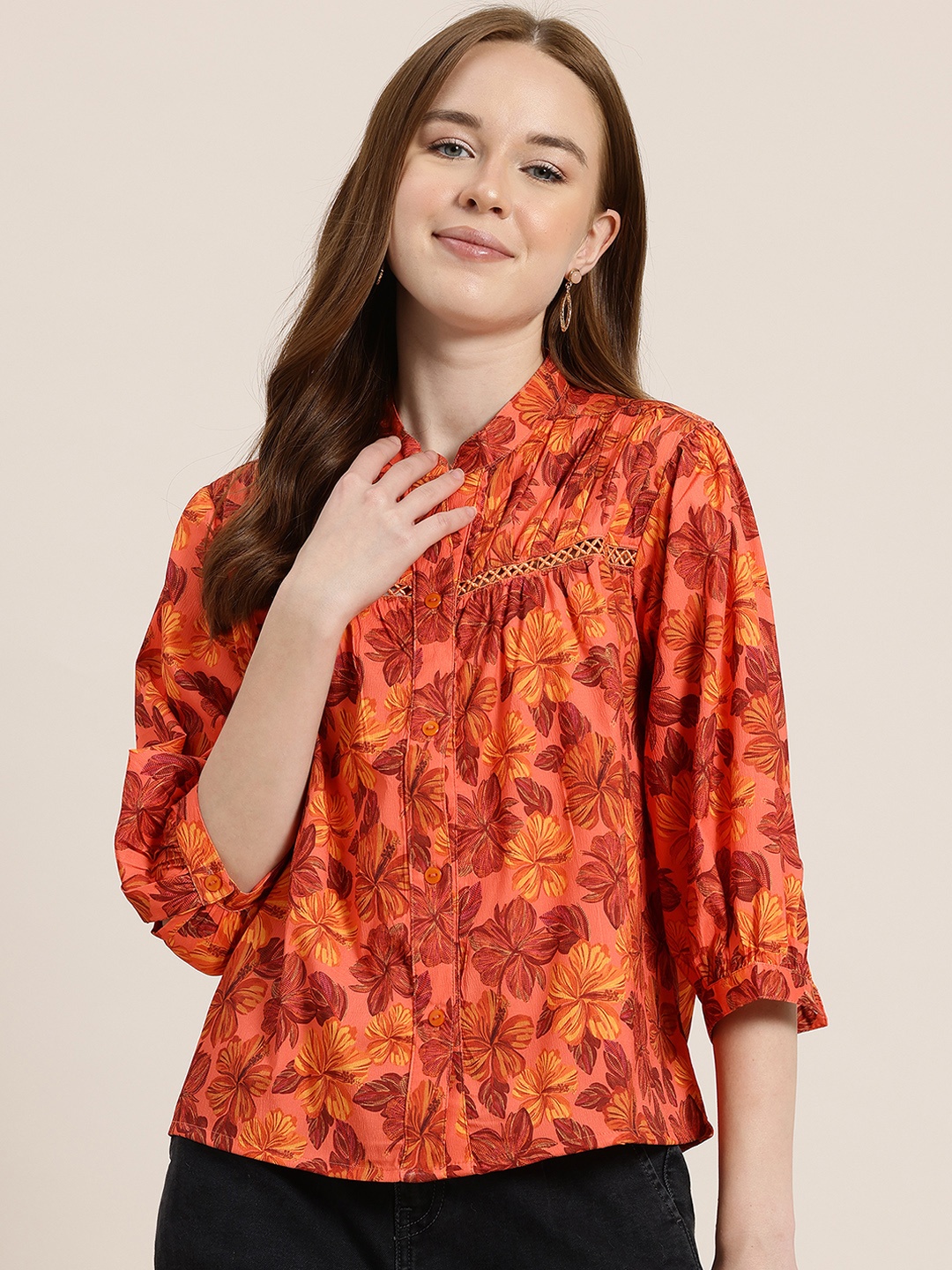 

HERE&NOW Floral Print Shirt Style Top, Orange
