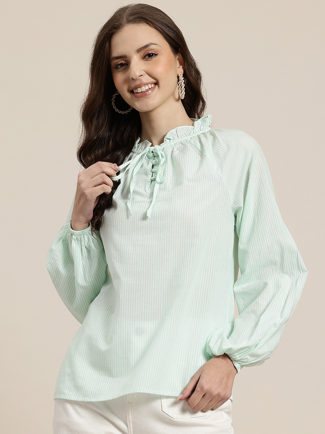 

HERE&NOW Striped Tie-Up Neck Ruffled Pure Cotton Top, White