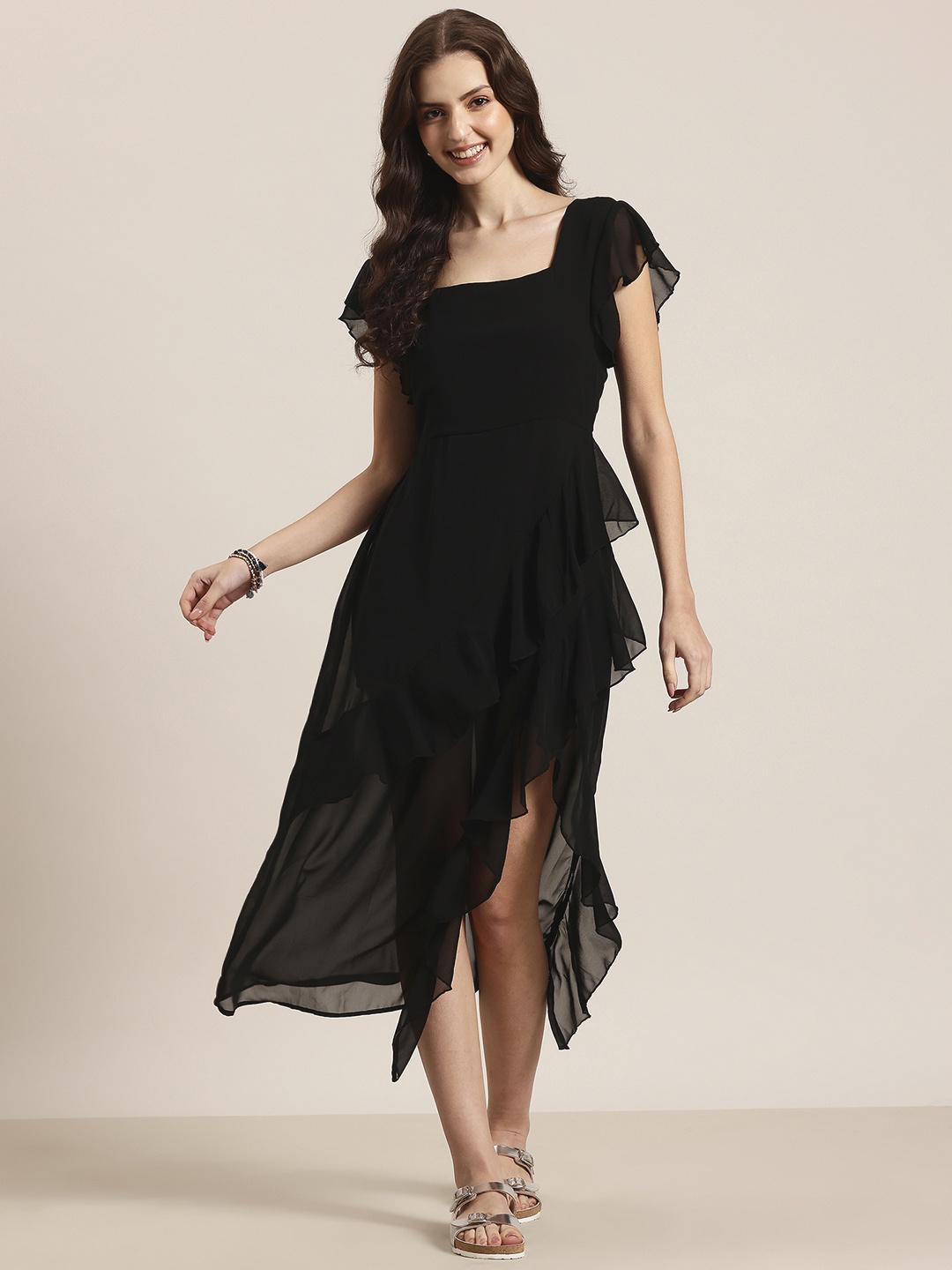 

HERE&NOW Flutter Sleeve Ruffled Detail Fit & Flare Midi Dress, Black