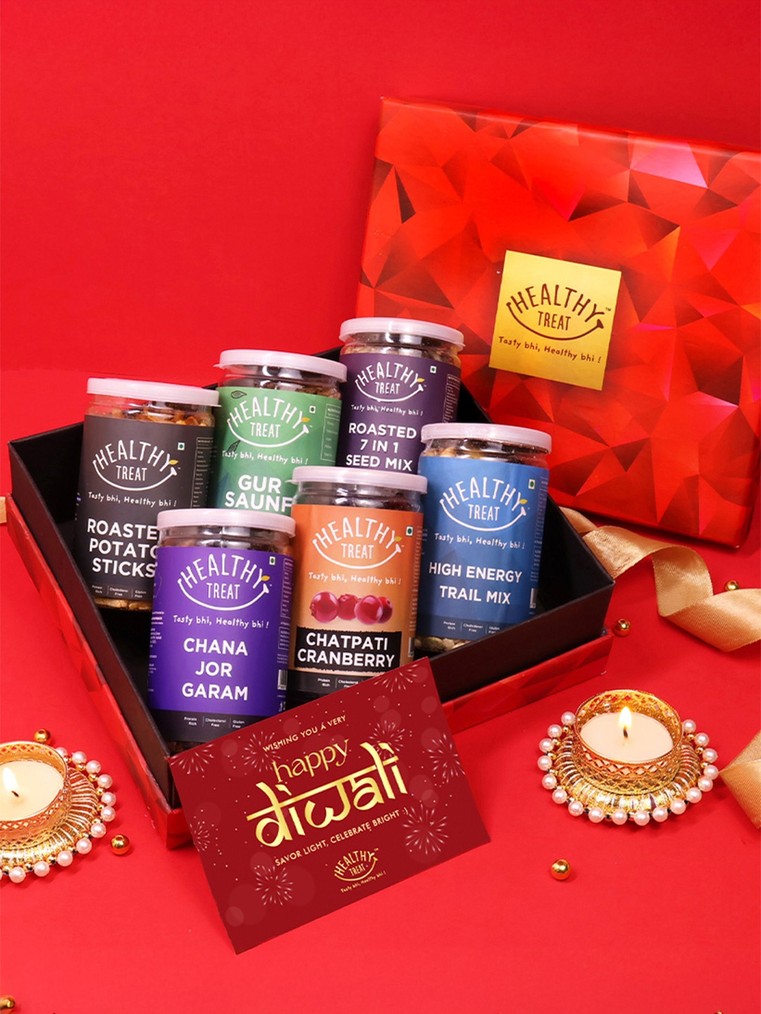 

Healthy Treat Set Of 7 Roasted Snacks Gift Box With Diwali Gift Hamper & Card, Red