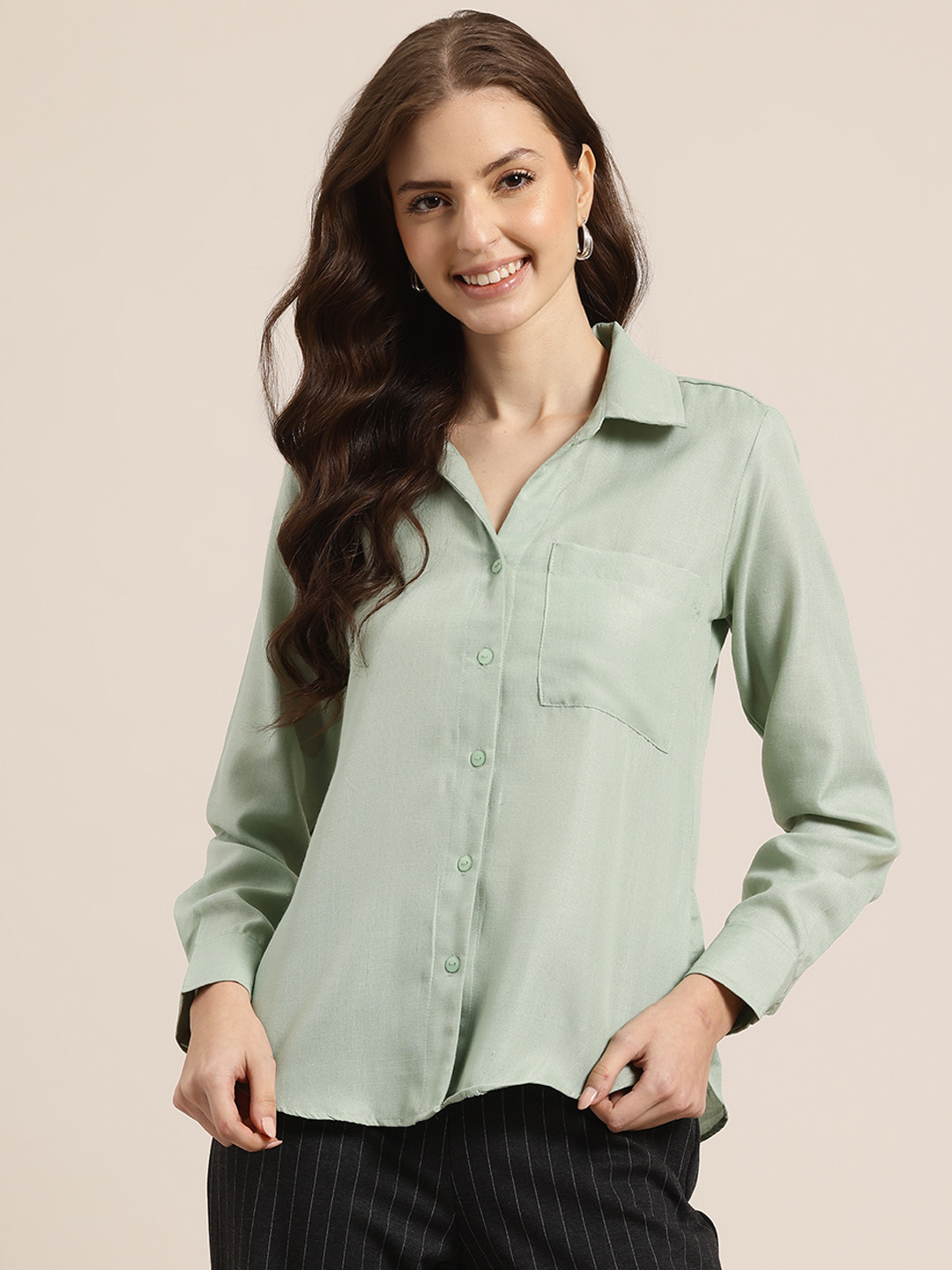 

HERE&NOW Women Pure Cotton Casual Shirt, Green
