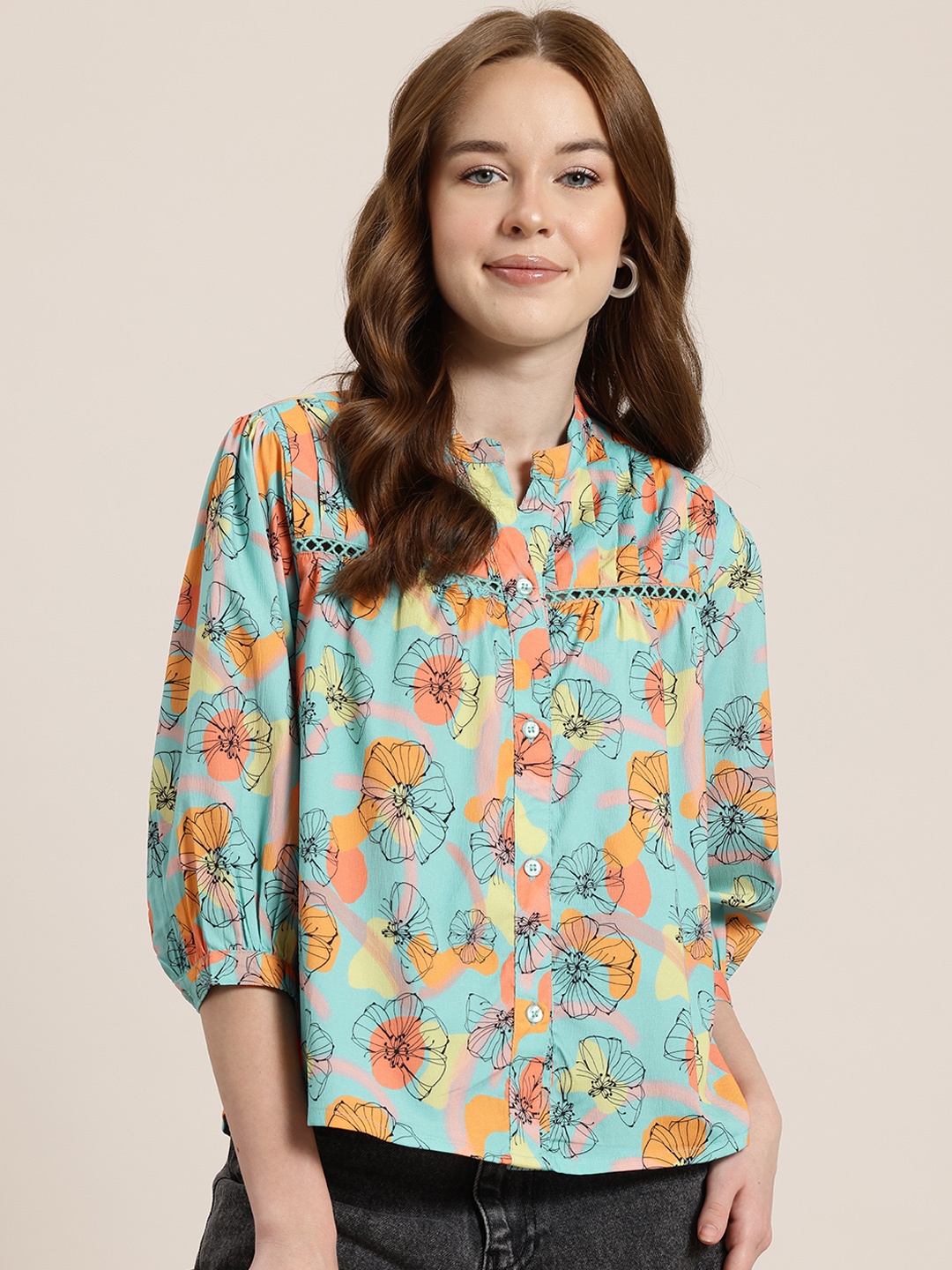 

HERE&NOW Floral Print Mandarin Collar Shirt Style Top, Blue