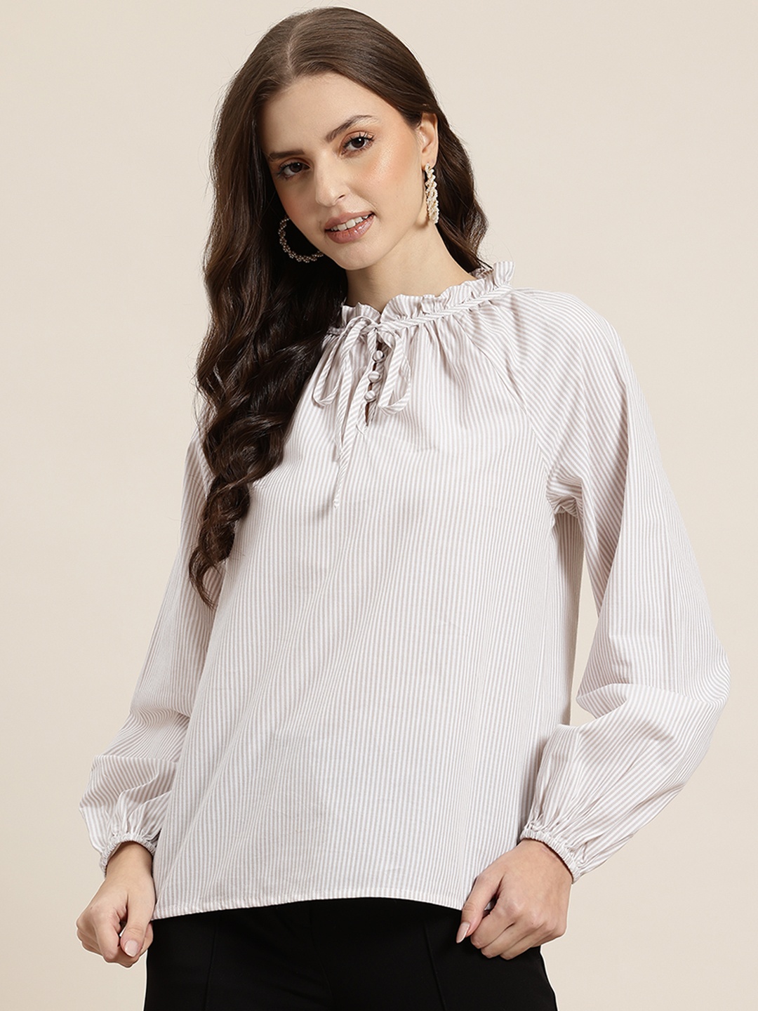 

HERE&NOW Striped Tie-Up Neck Ruffled Pure Cotton Top, White
