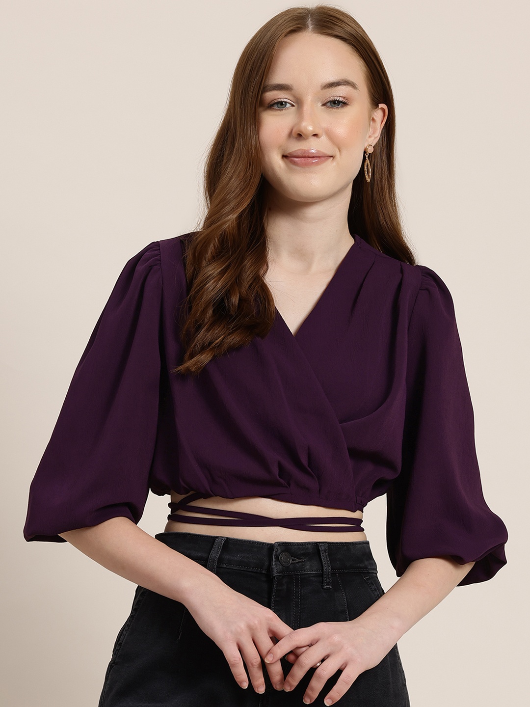 

HERE&NOW Criss-Cross Tie-Ups Wrap Crop Top, Purple