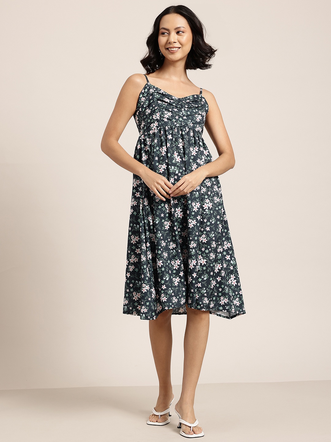 

HERE&NOW Floral Print A-Line Midi Dress, Navy blue