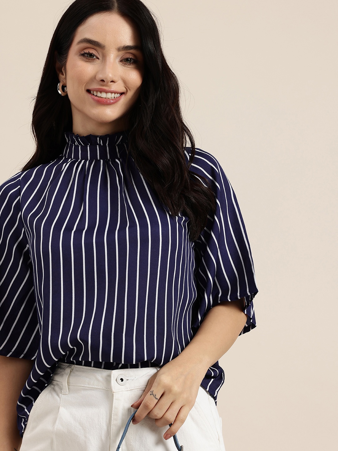 

HERE&NOW Striped High Neck Flared Sleeve Top, Navy blue