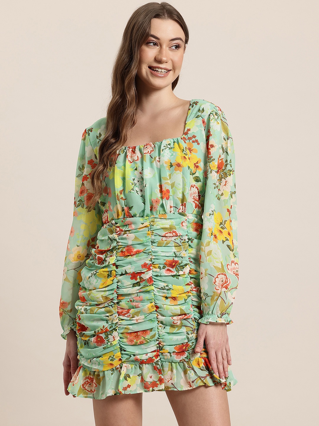 

HERE&NOW Floral Print Ruched Mini Dress, Green