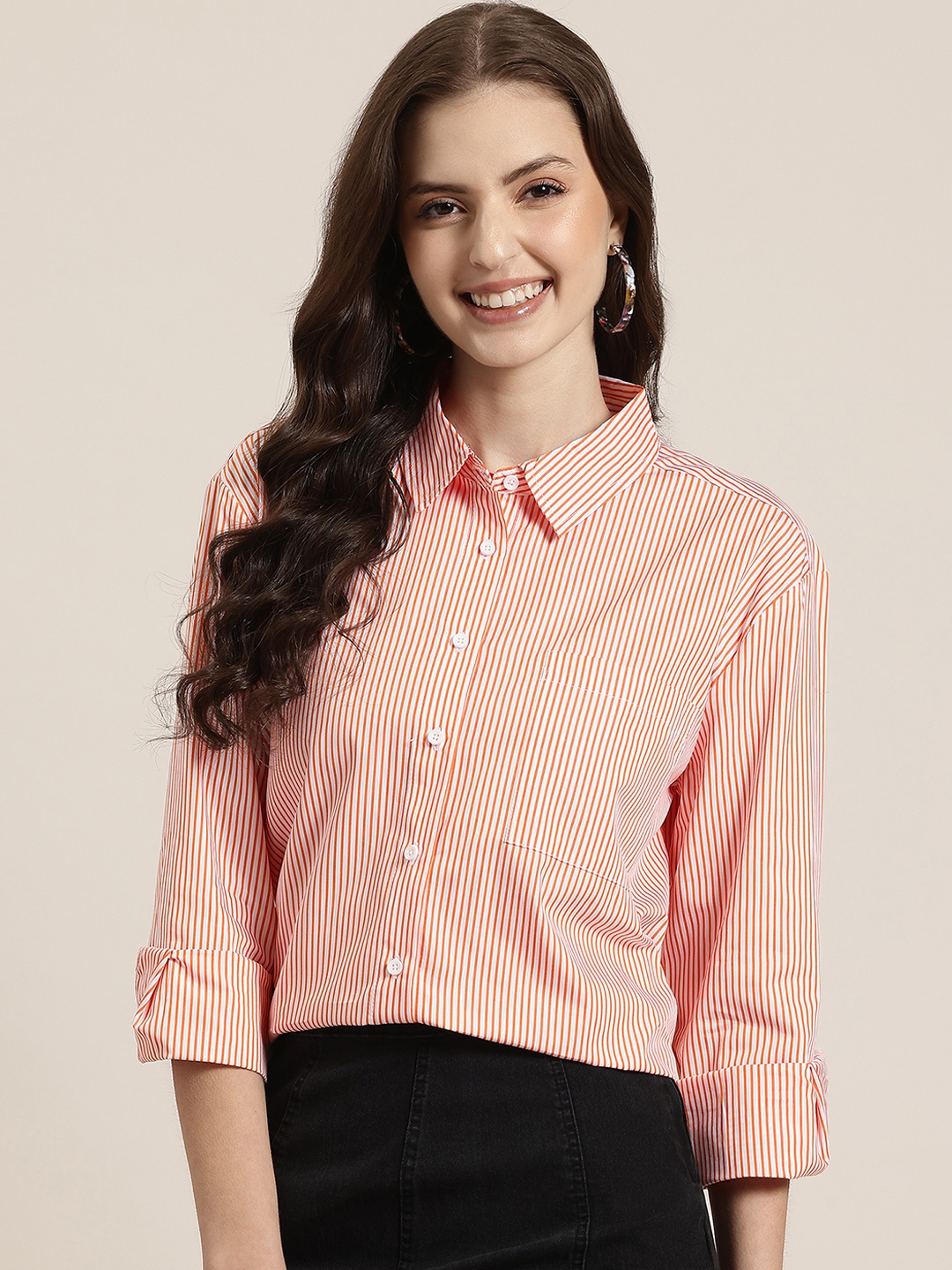 

HERE&NOW Pure Cotton Striped Shirt, Orange
