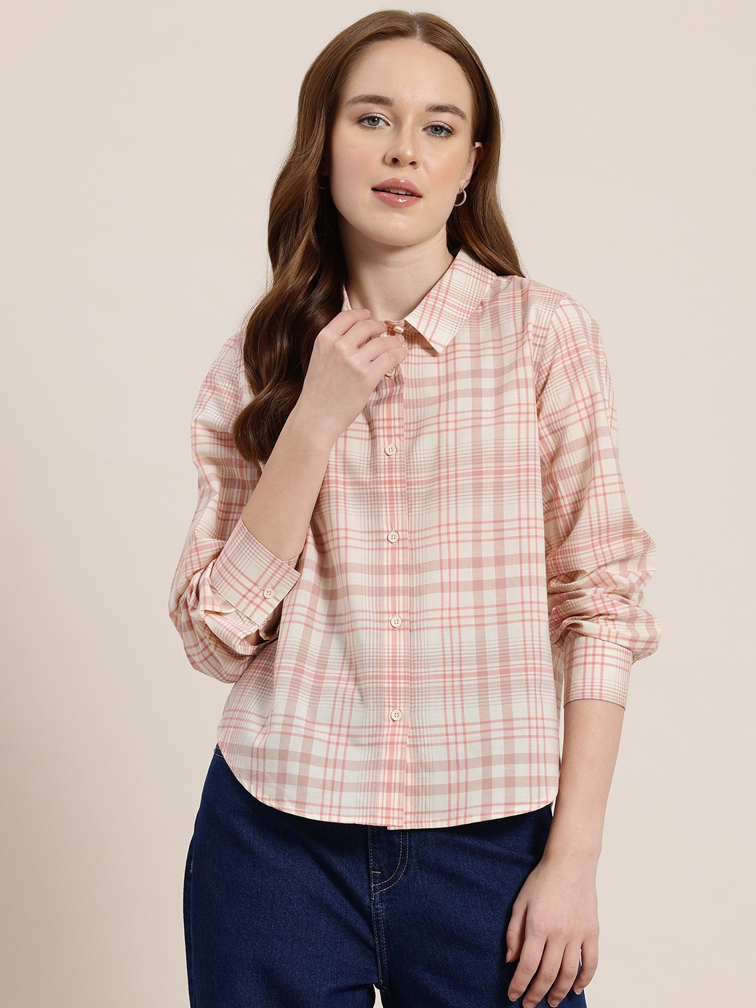 

HERE&NOW Tartan Checks Opaque Checked Casual Shirt, Pink