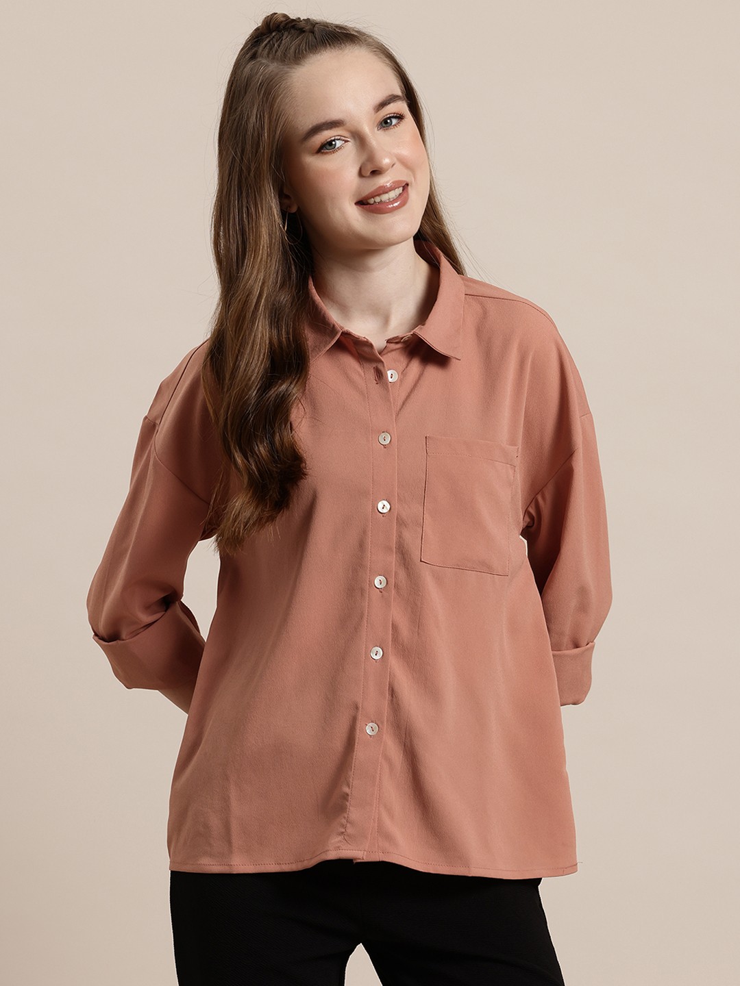 

HERE&NOW Drop-Shoulder Sleeves Relaxed Fit Casual Shirt, Rose