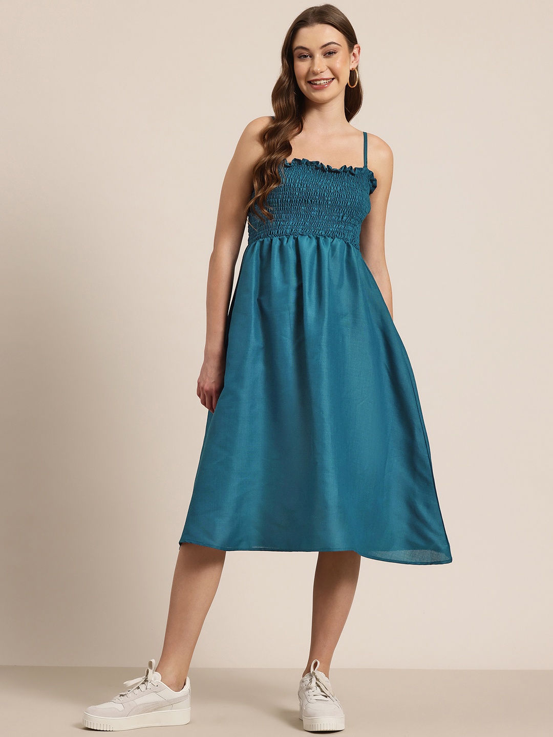 

HERE&NOW Smocked Detail Pure Cotton Shoulder Straps Midi Fit & Flare Dress, Teal