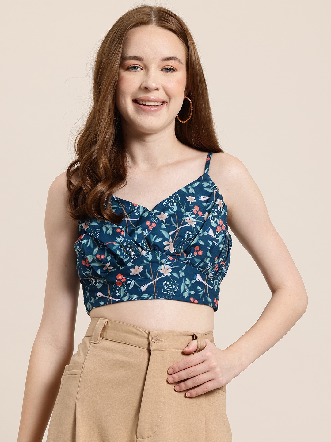 

HERE&NOW Floral Print Shoulder Straps Crop Top, Teal