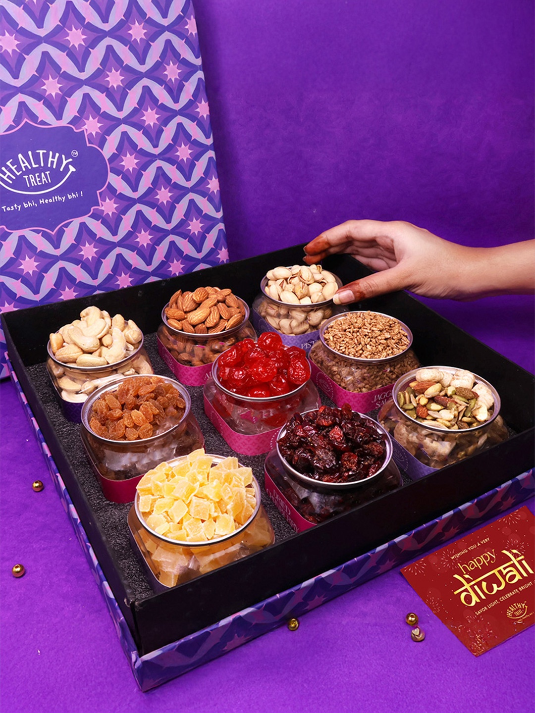 

Healthy Treat Set Of 10 Bada Dhamaka Diwali Gift Hamper with Diwali Card, Purple