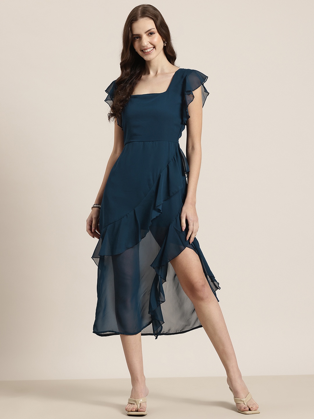 

HERE&NOW Flutter Sleeve Ruffled Detail Fit & Flare Midi Dress, Teal